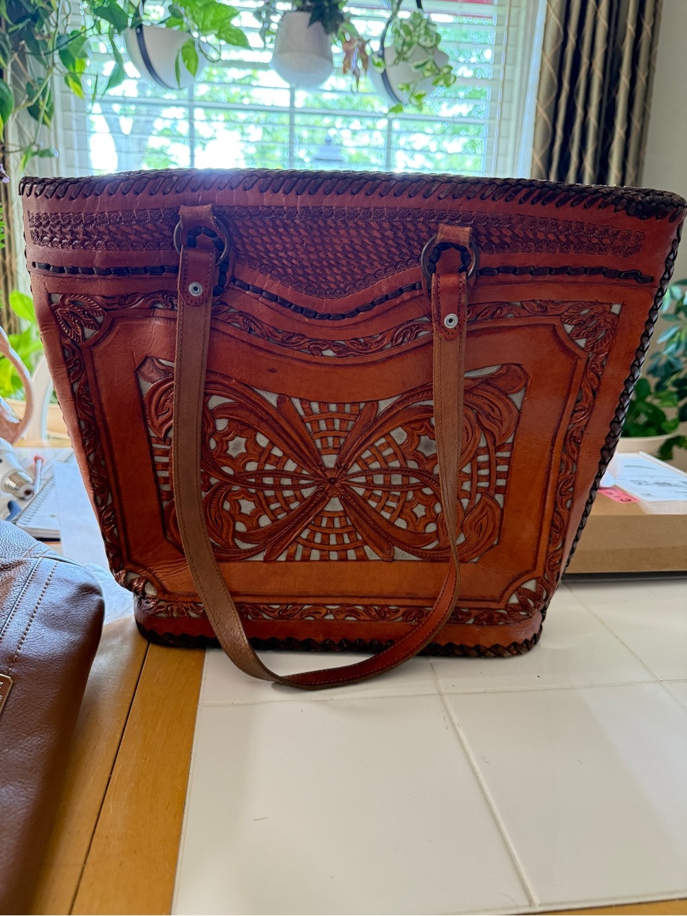 Handcrafted Brown Leather Tote with Intricate Cutwork